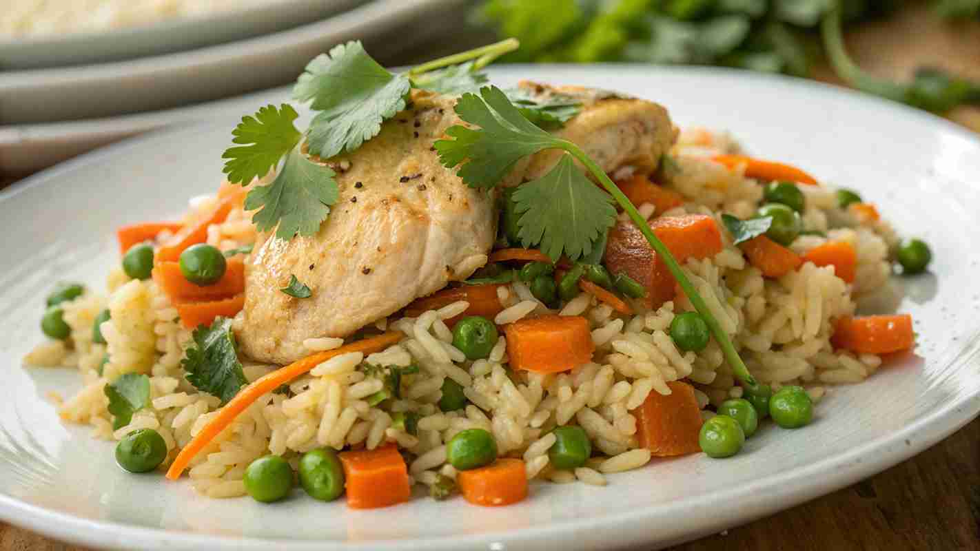 Plate of chicken and rice garnished with cilantro, captured in natural light.