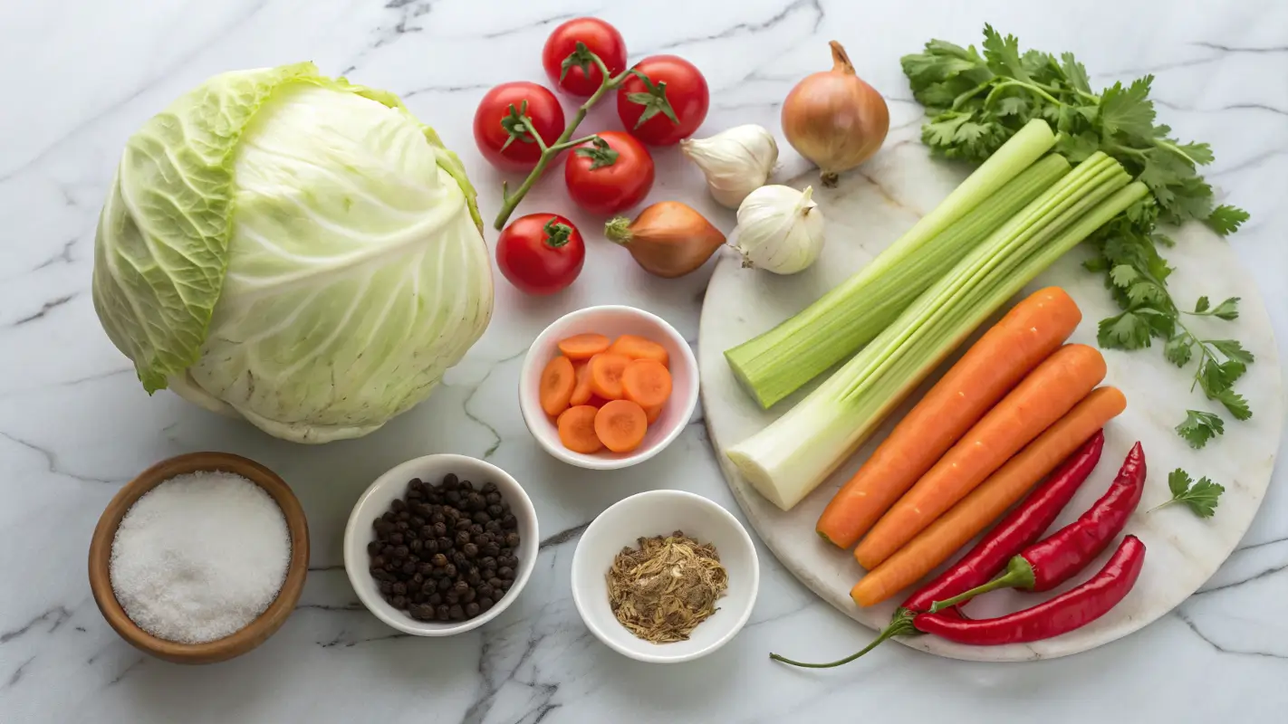 Fresh ingredients for Weight Watchers cabbage soup on a marble countertop