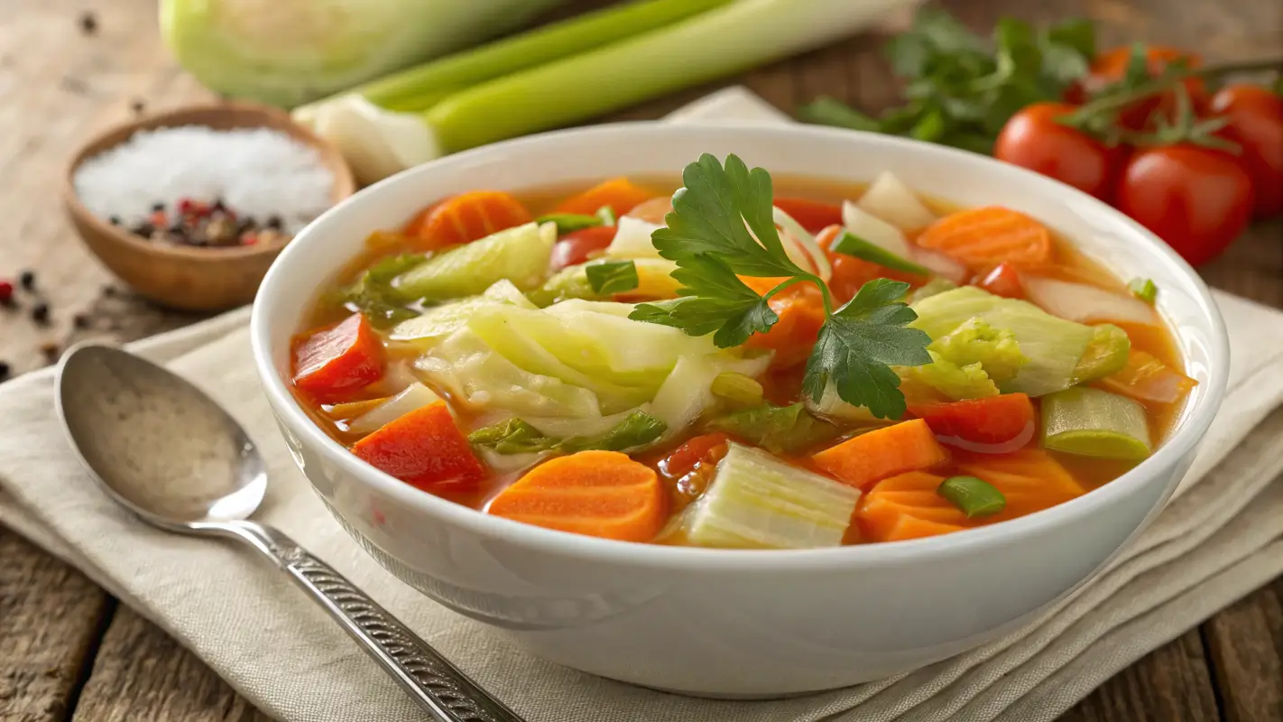 A bowl of freshly served Weight Watchers cabbage soup garnished with parsley.