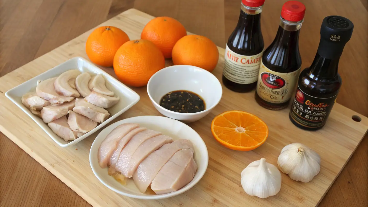 Ingredients for Mandarin Chicken, including chicken, soy sauce, oranges, and garlic, arranged on a wooden countertop.