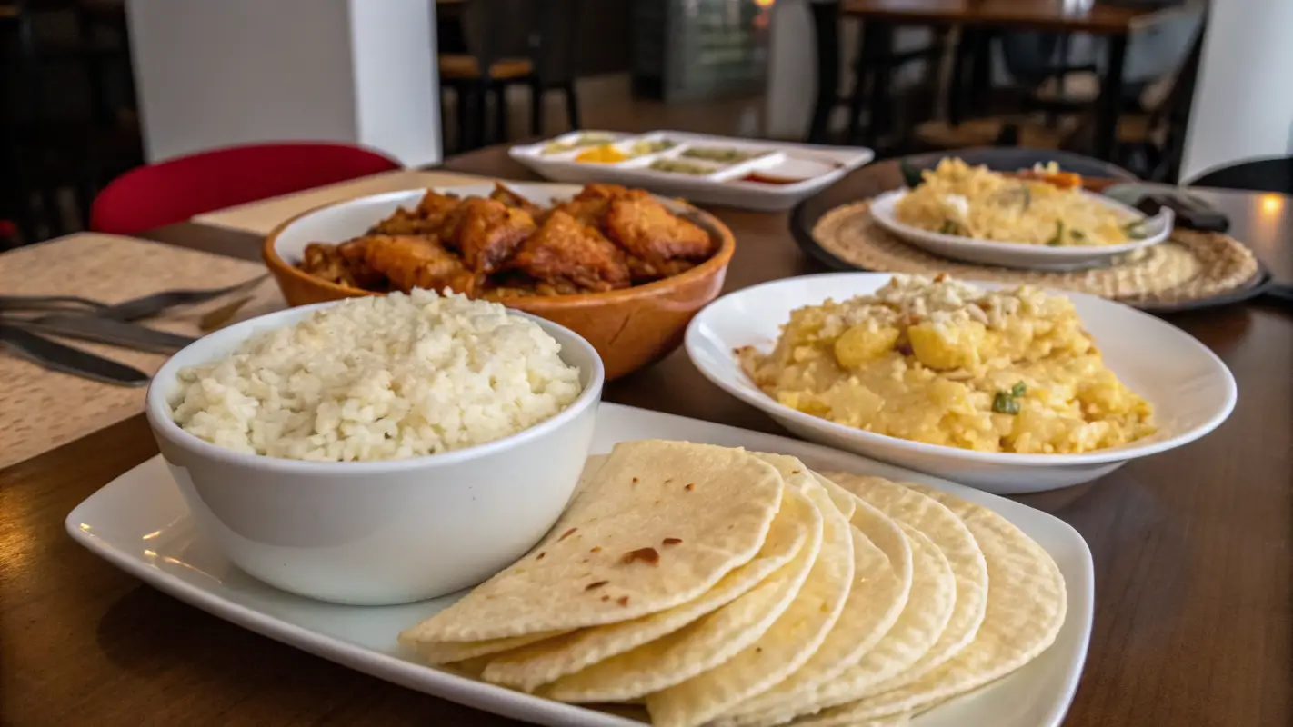 A table with rice, smashed potatoes, corn casserole, and tortillas as sides for Guisado De Pollo