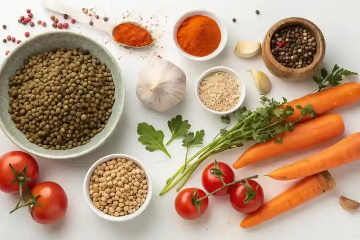 Raw ingredients for Lentejas, including lentils, carrots, onions, garlic, tomatoes, and spices.