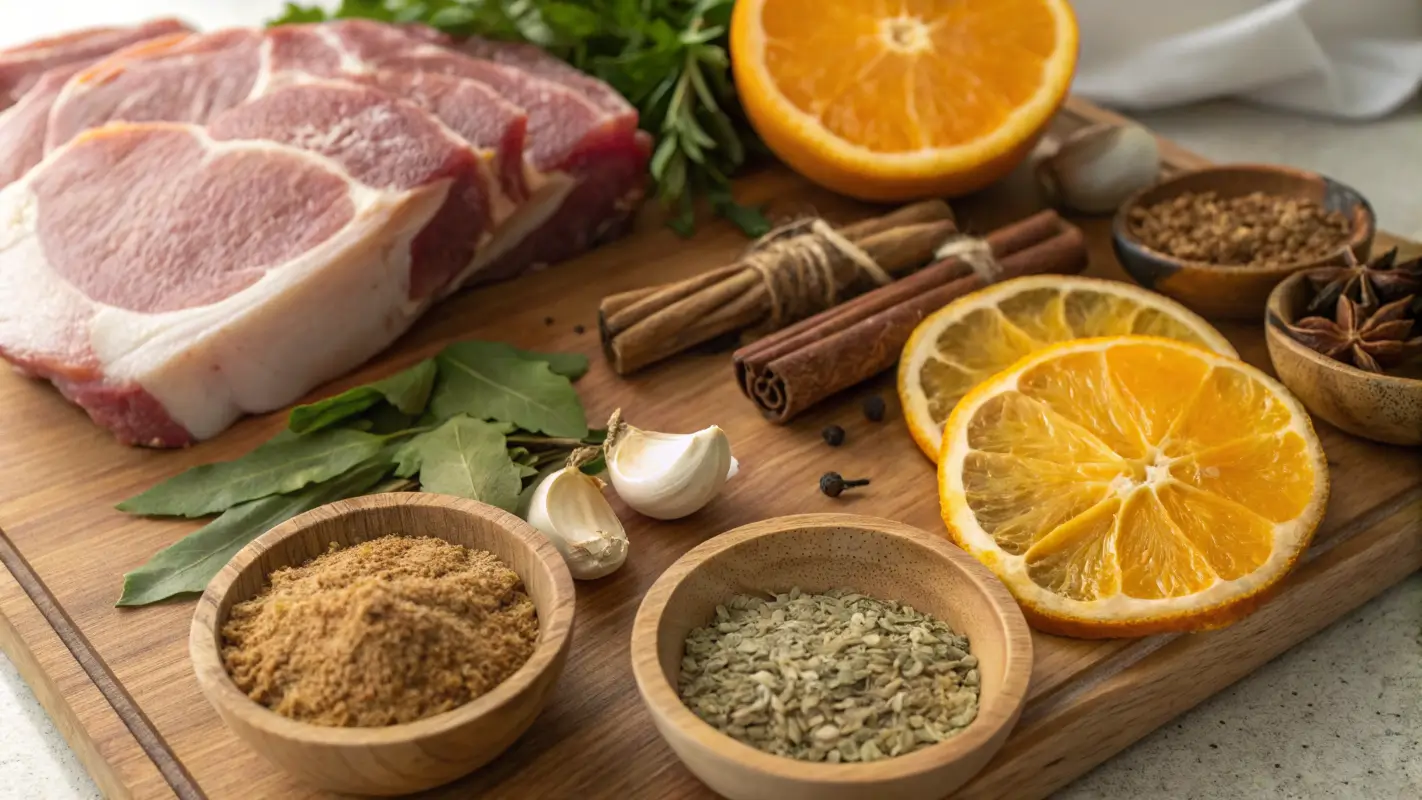 A close-up of fresh carnitas ingredients: pork shoulder, spices, and citrus slices.