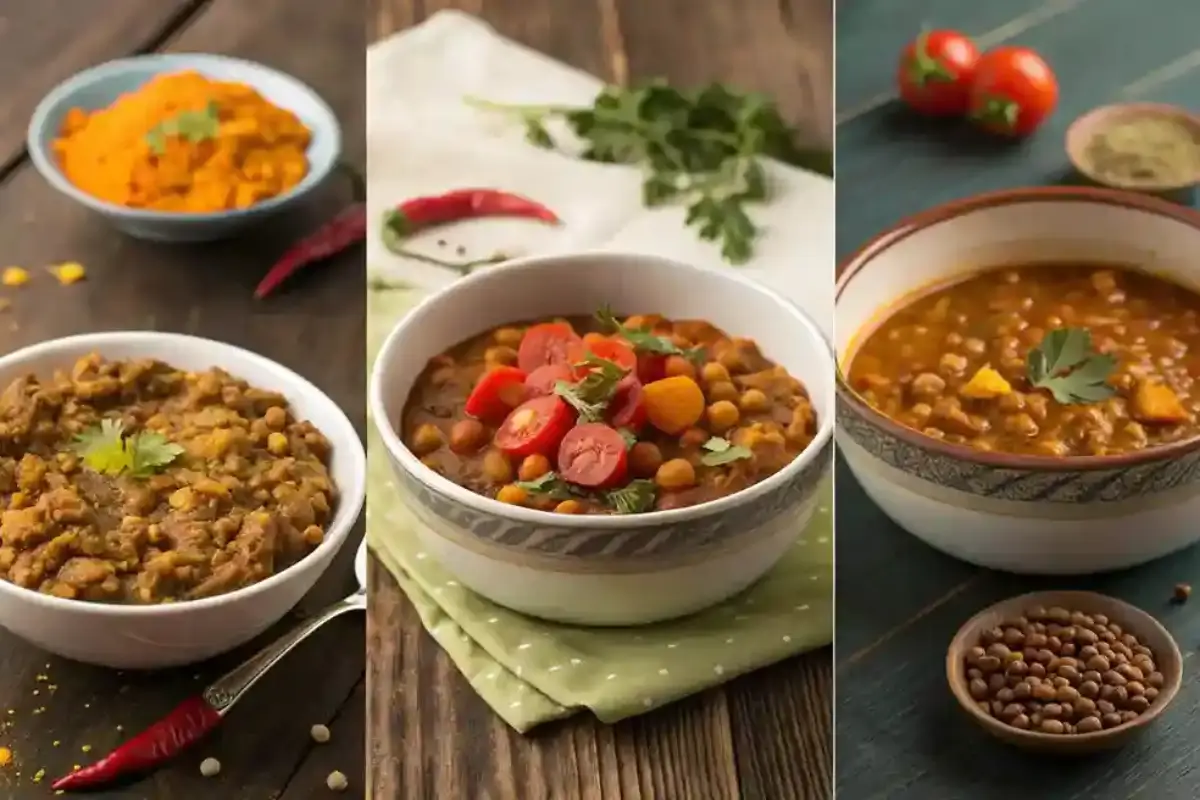 Three bowls of Lentejas showcasing Spanish, Indian, and Mexican variations