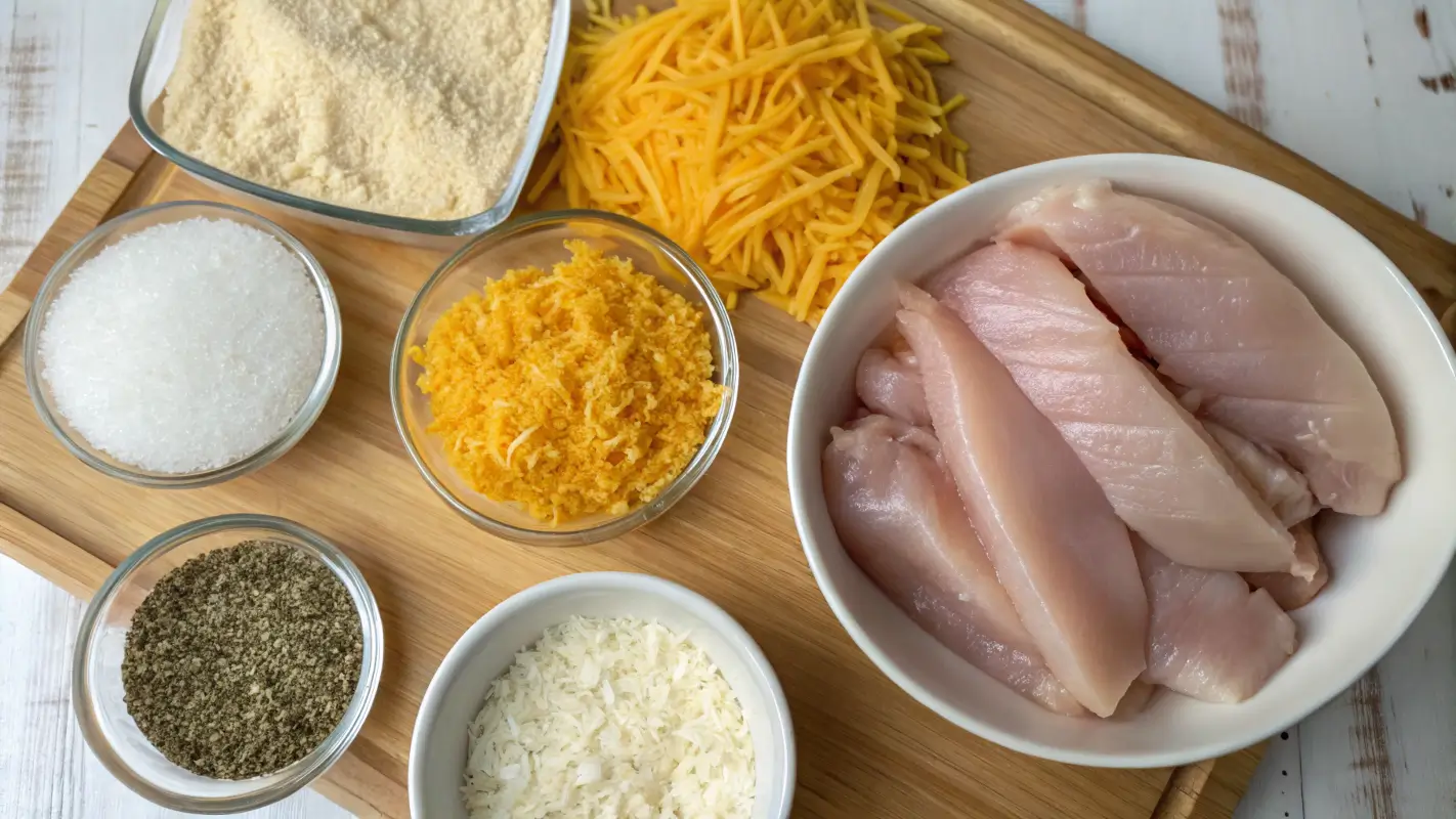 Top-down view of Costco Chicken Bake ingredients: chicken, cheese.