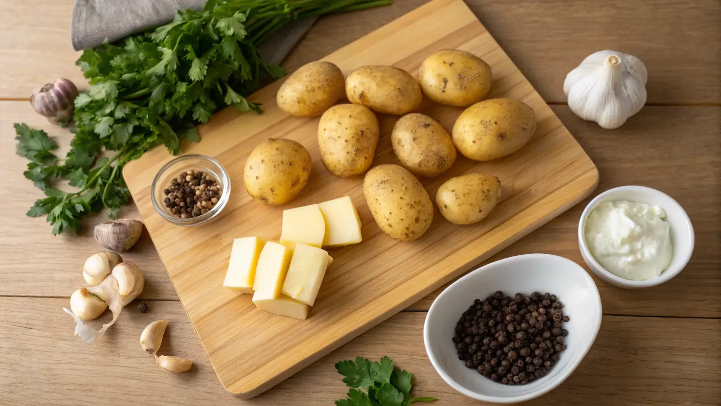 Yukon gold potatoes, garlic, butter, parsley, and black pepper on a wooden board.