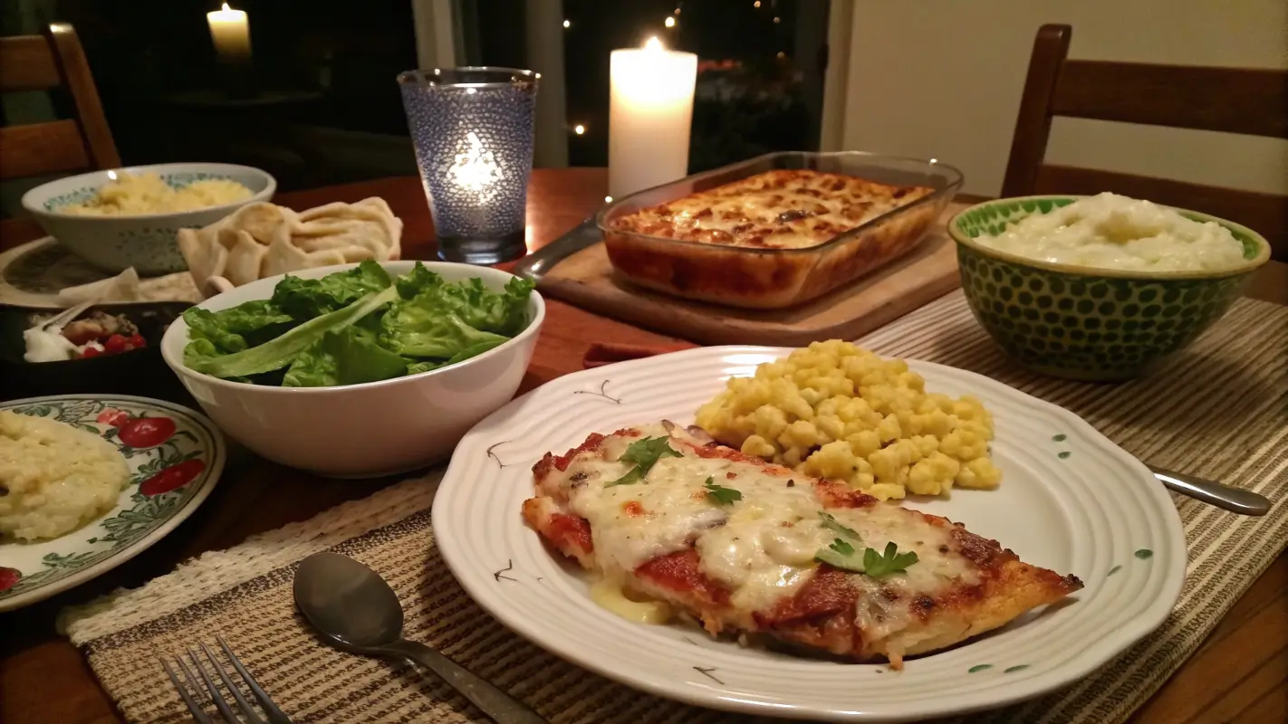 A dinner table with Supreme Pizza Chicken Bake and delicious side dishes