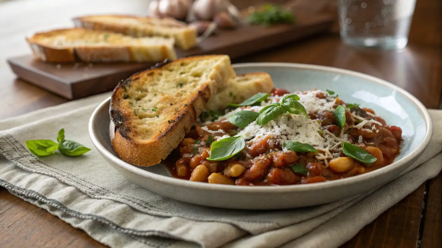 A plate of cheesy pizza beans garnished with basil, served alongside crispy garlic bread on a wooden table.