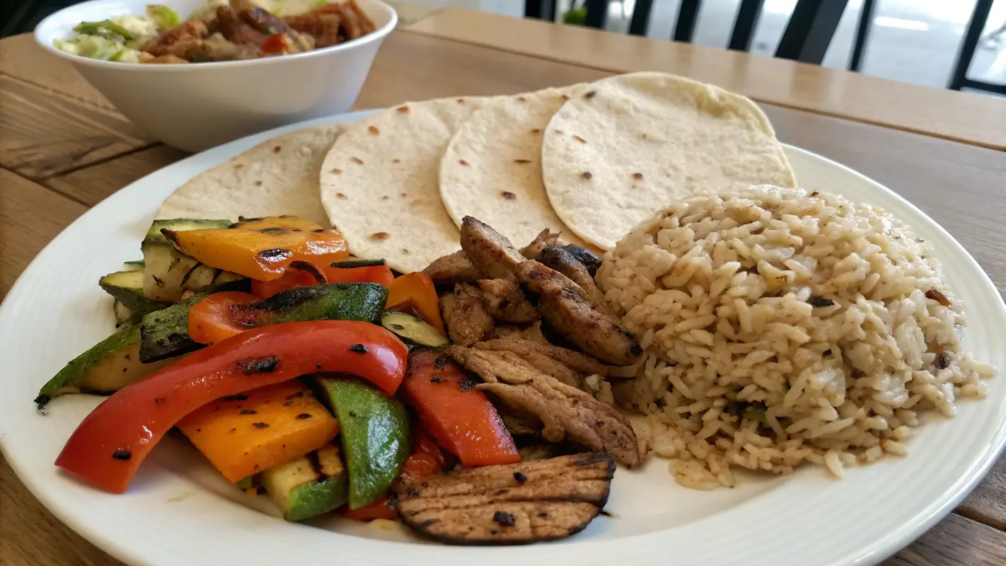 A well-portioned plate of carnitas with grilled vegetables, brown rice, and whole grain tortillas