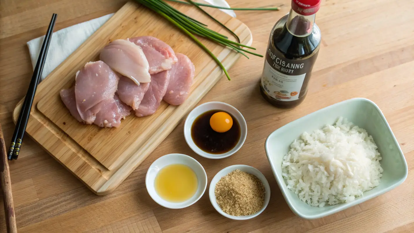 Raw ingredients for a homemade Loco Moco Recipe, including chicken thighs, panko