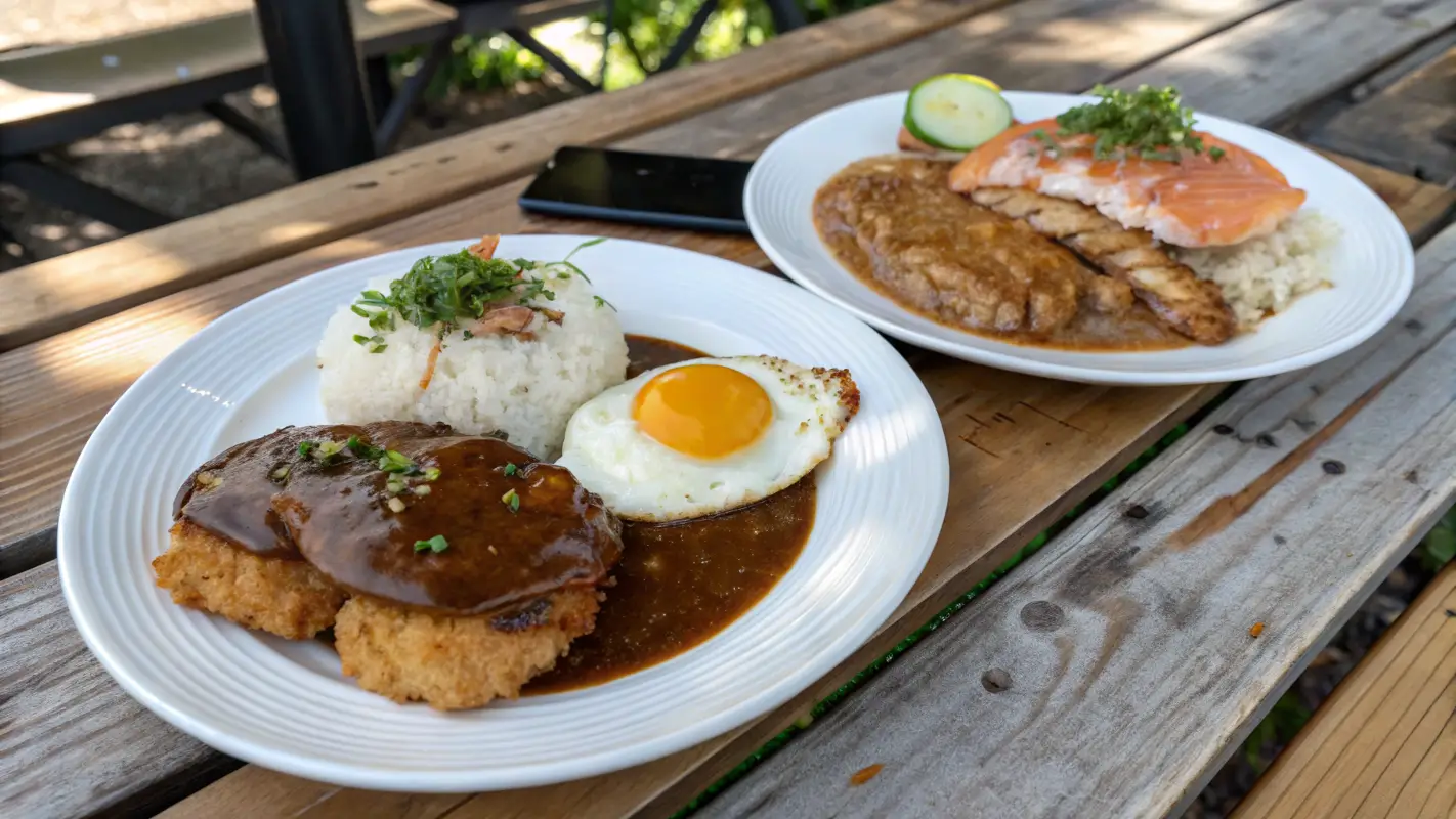 Loco Moco variations with chicken, tofu, and salmon, topped with gravy and a fried egg.